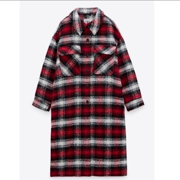 Zara long plaid coat shacket red & black & white (S-M) - Picture 1 of 9